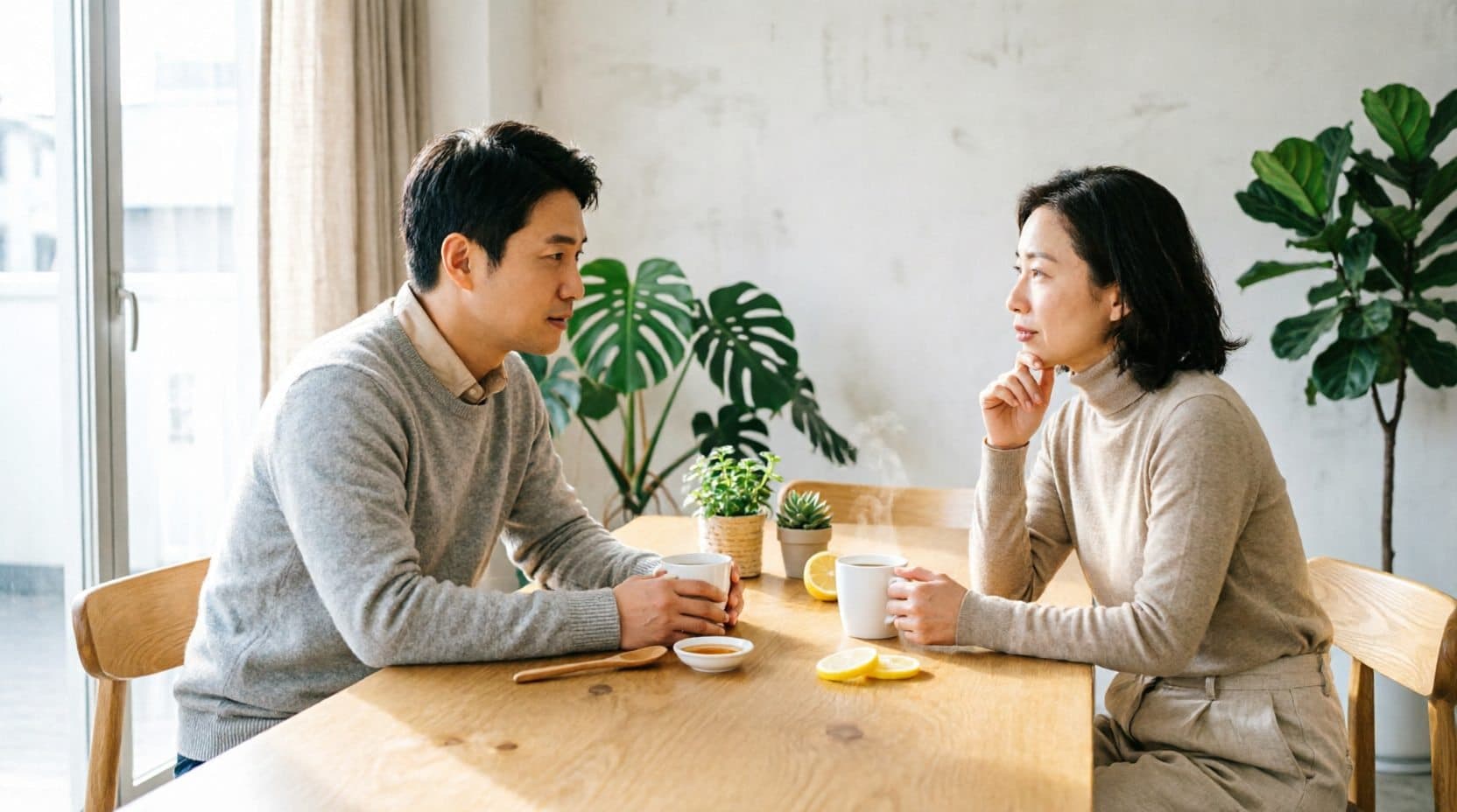 Two people in an unhurried, attentive conversation